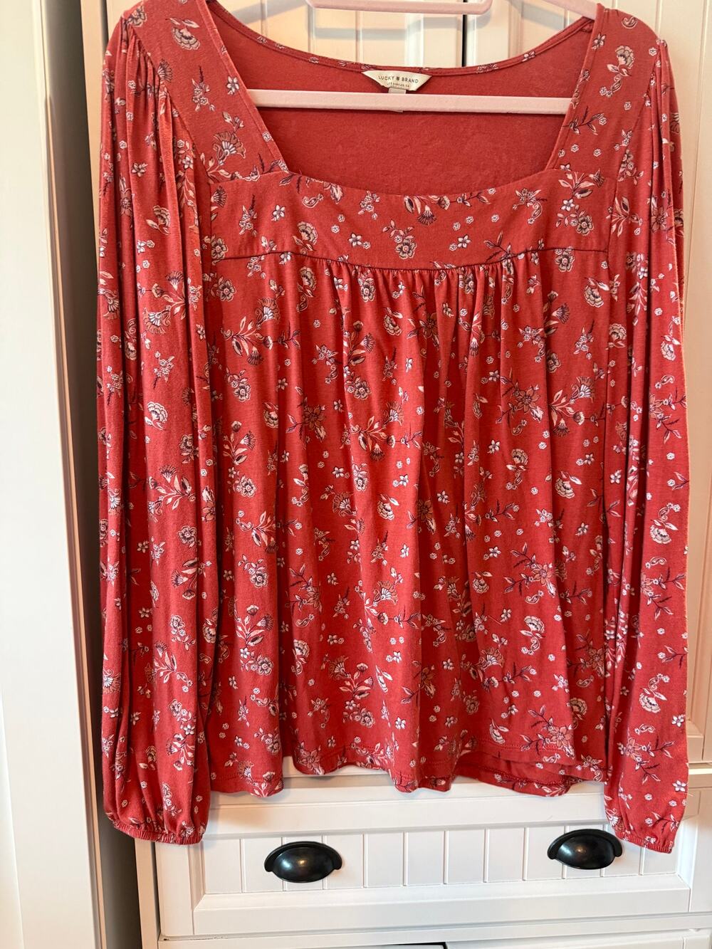 Lucky Brand red floral square neck long sleeve top XL EUC